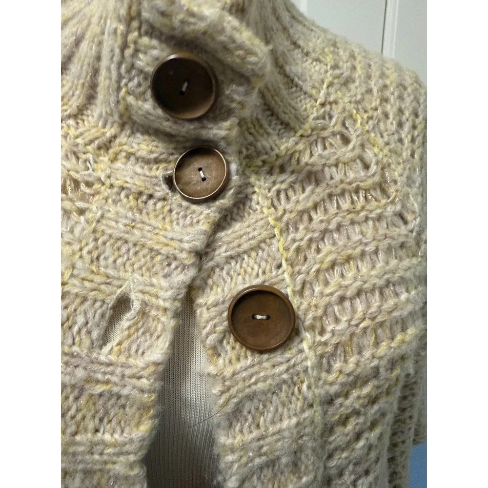 Free People Chunky Knit Cardigan Cream Gold Metallic‎ Funnel Neck Wood Buttons